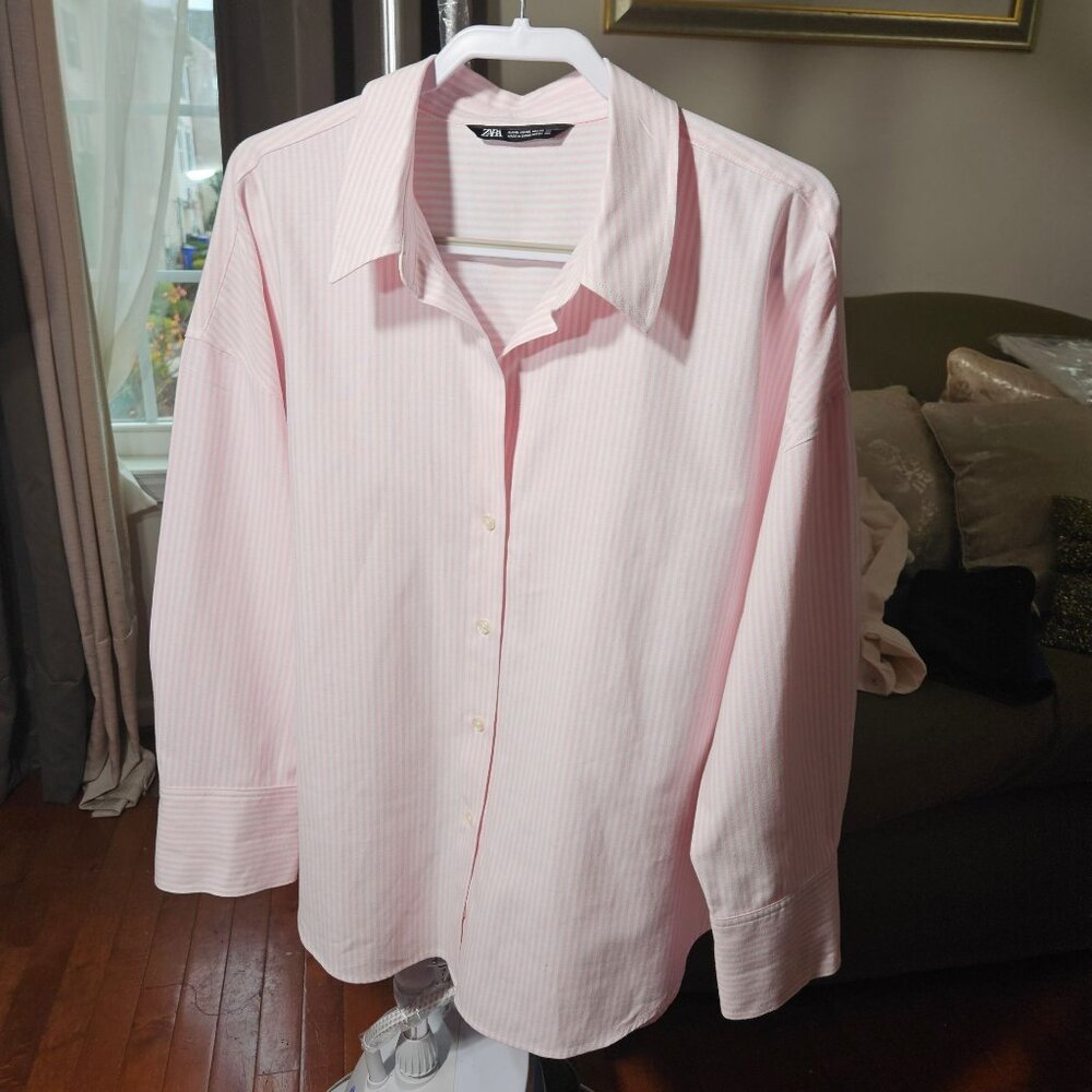 Zara women Pink & White Striped Long Sleeve Button-Up Shirt XL
